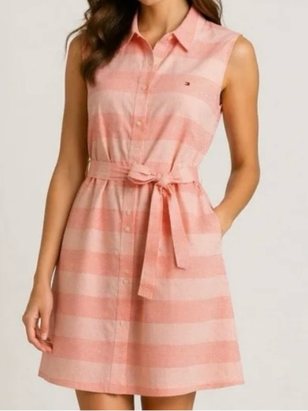 Tommy‎ Hilfiger Pink Plaid Gingham Shirt Dress Tie Waist Coastal Preppy Size 16 - Picture 13 of 14